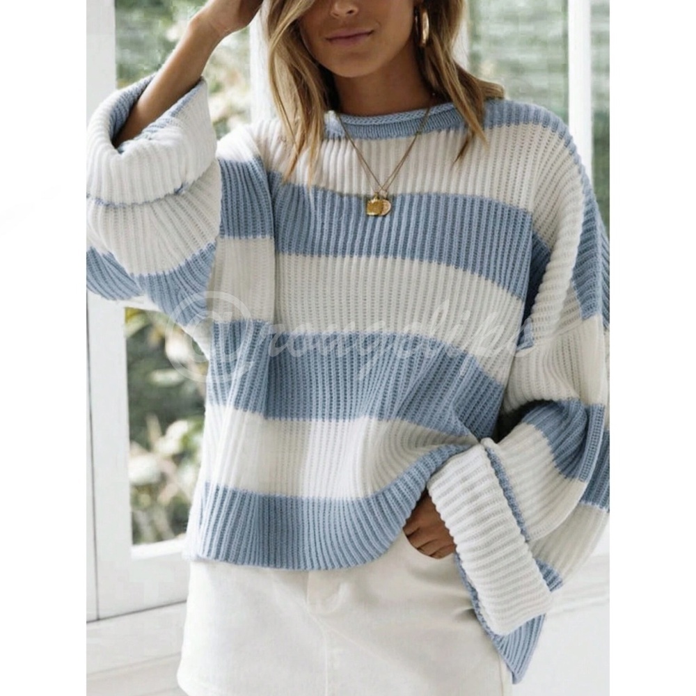 Colorblock Striped Blue White Oversized Pullover Sweater - Picture 3 of 5
